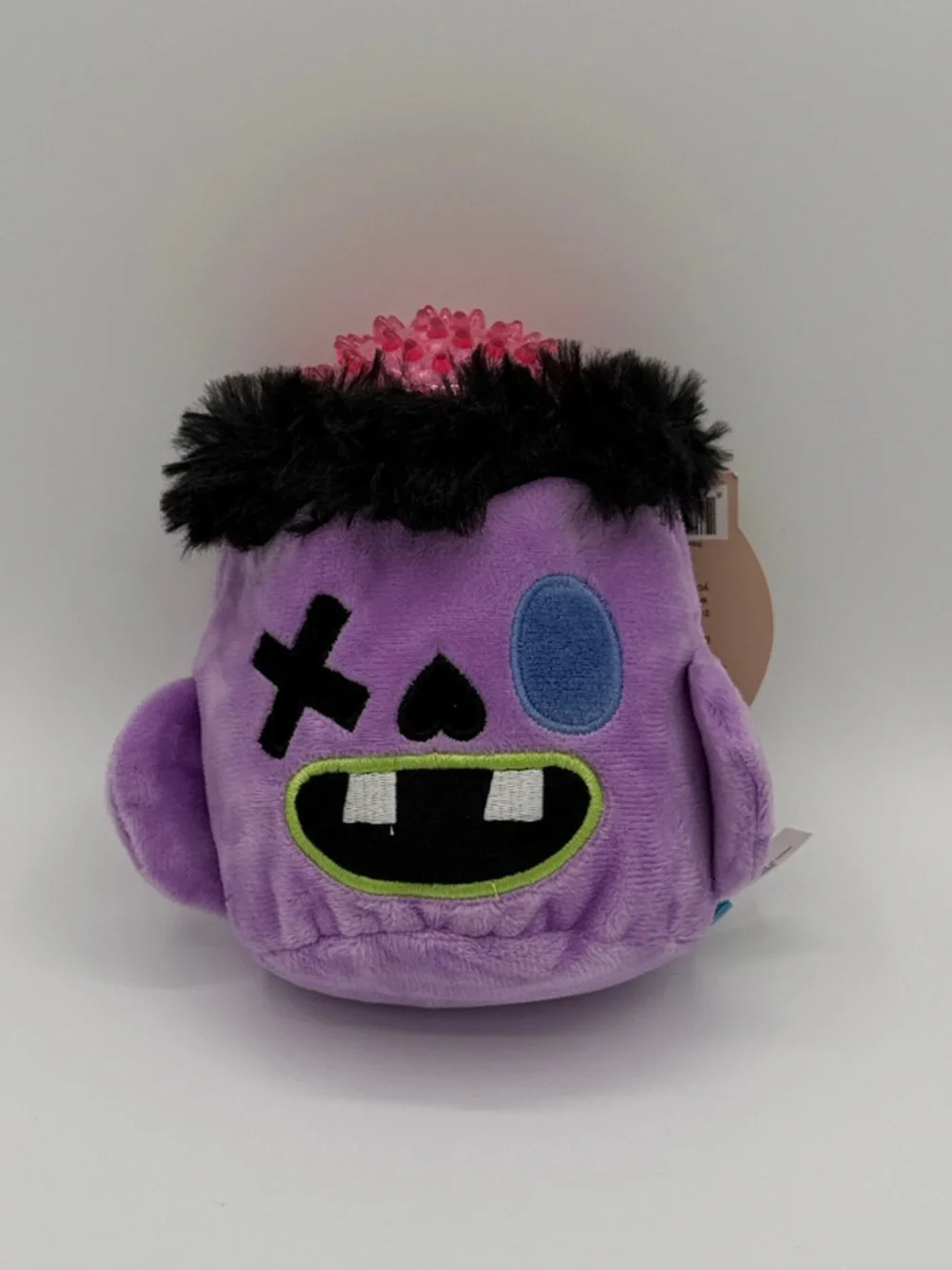 Bark BRiiiiiian Purple Plush Dog Toy with Pink Spike Top and Black Fuzzy Trim